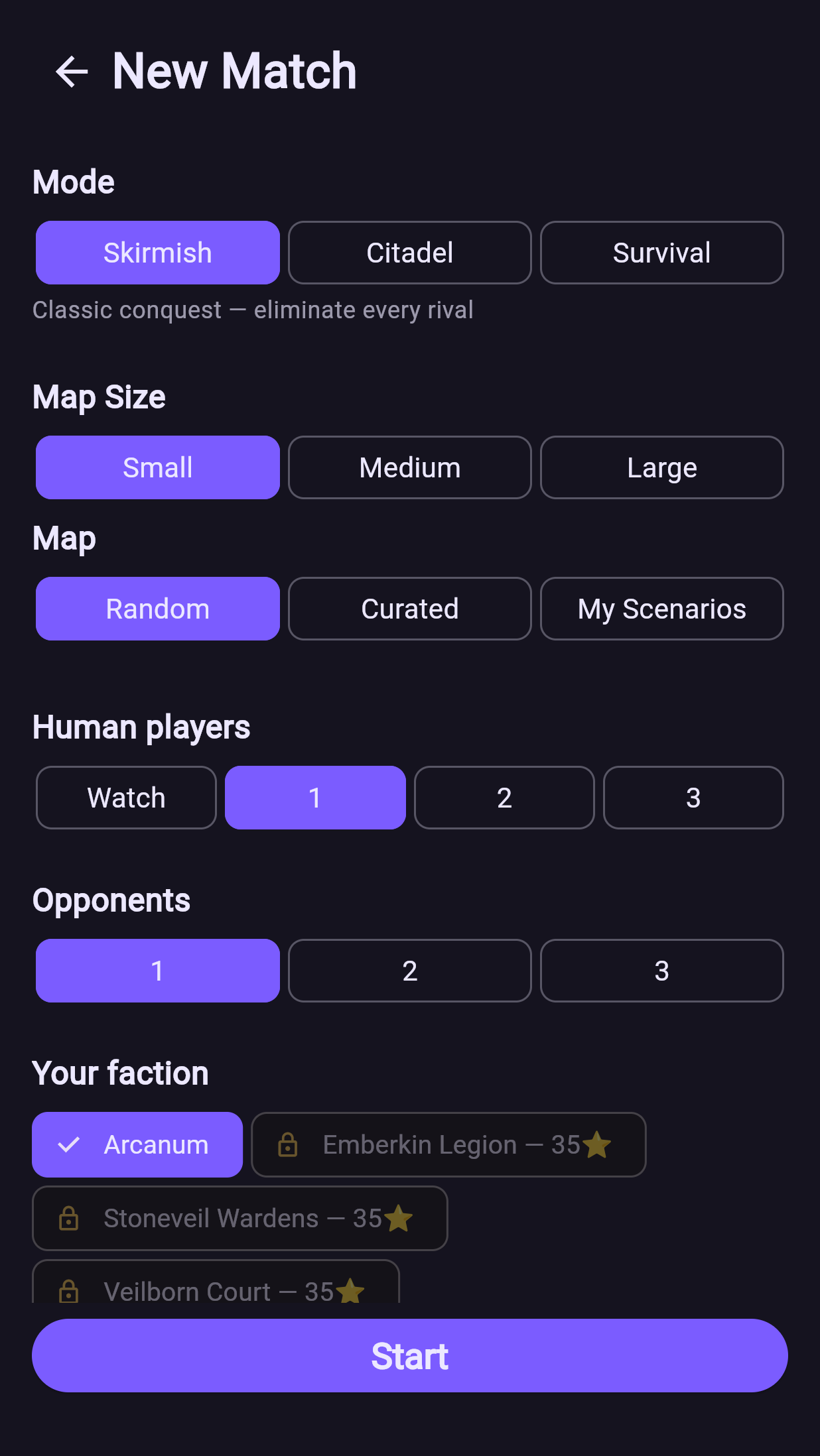 Match setup: modes, maps, factions, and difficulty