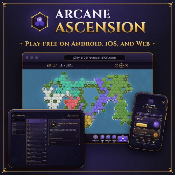 Arcane Ascension on an Android phone, an iPad and a desktop browser: the main menu, the spellbook, and six realms on one board